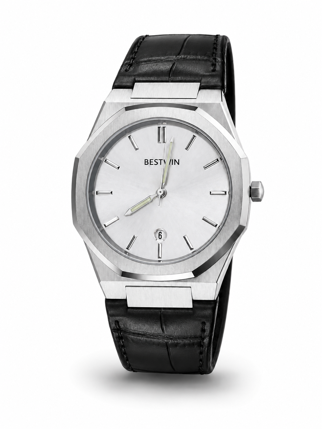 Silver Bestwin Dial Leather Strap Watch