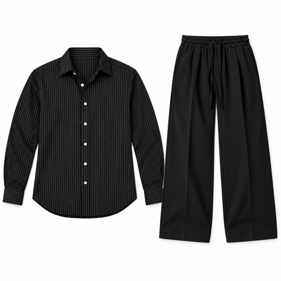The Evening Edit — full shirt and trousers arranged flat on a white background