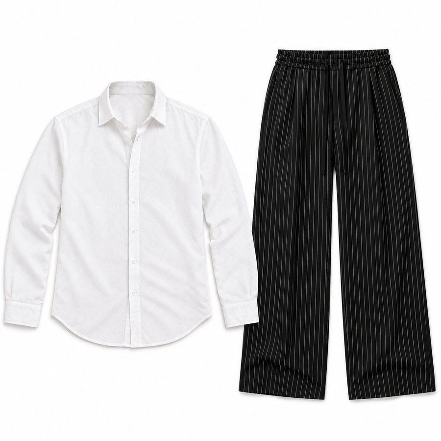 The Monochrome Edit — full shirt and trousers arranged flat on a white background