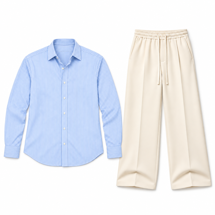 The Riviera Edit — full shirt and trousers arranged flat on a white background